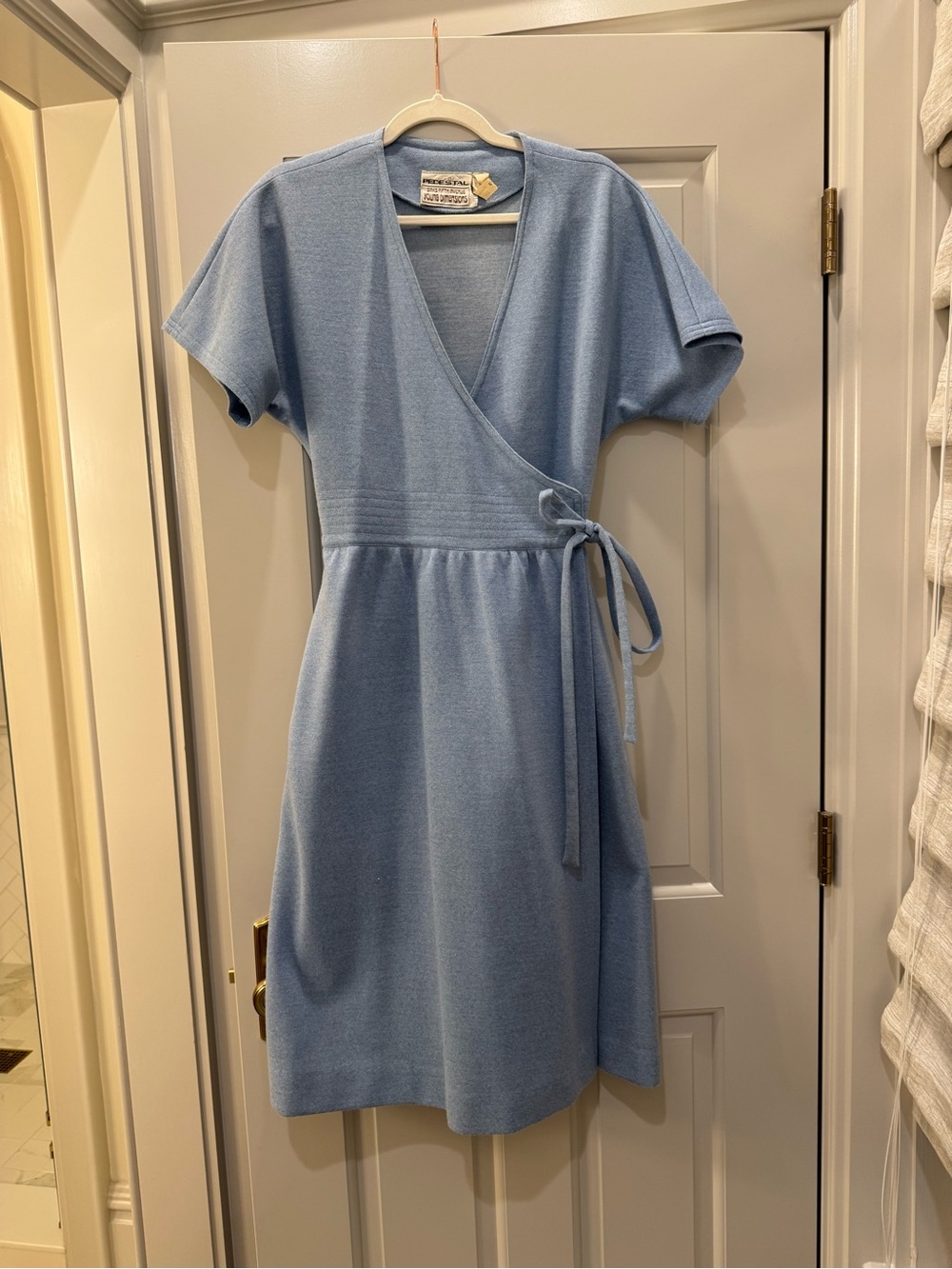 Vintage Saks Fifth Avenue Light Blue Wrap Knit Dress with Tie Waist